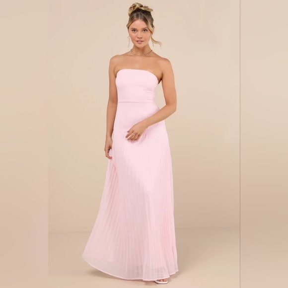 Lulus Celebratory Aesthetic Blush Pink Pleated Strapless Maxi Dress L Wedding - Picture 2 of 9
